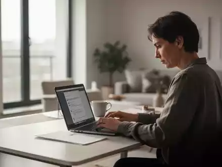 Eine Person arbeitet konzentriert an einem Laptop in einem modernen Heimbüro, das von sanftem Tageslicht durchflutet wird. - Foto: über boerse-global.de