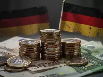 Gestapelte Euro-Münzen und -Banknoten mit einer dezenten, leicht unscharfen deutschen Flagge im Hintergrund, die finanzielle Not symbolisieren. - Foto: über boerse-global.de