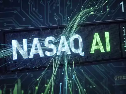 Digitales Börsenticker mit NASDAQ- und KI-Anzeigen, umgeben von fließenden Daten und Schaltkreismustern in Blau- und Grüntönen. - Foto: über boerse-global.de