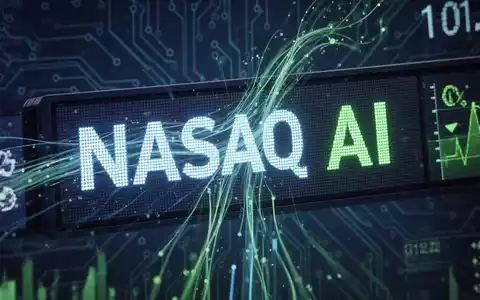 Digitales Börsenticker mit NASDAQ- und KI-Anzeigen, umgeben von fließenden Daten und Schaltkreismustern in Blau- und Grüntönen. - Foto: über boerse-global.de