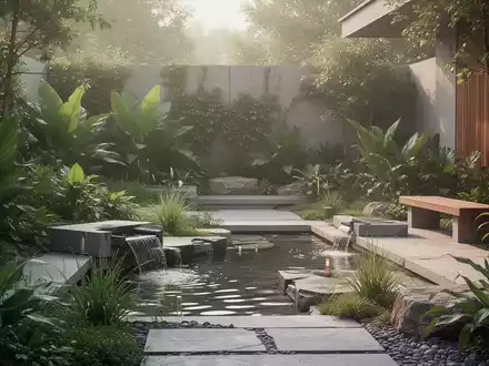 Ein ruhiger, moderner Garten mit therapeutischen Elementen, üppigen Pflanzen, Wasserspielen und natürlichen Materialien in sanftem Sonnenlicht. - Foto: über boerse-global.de