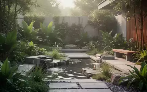 Ein ruhiger, moderner Garten mit therapeutischen Elementen, üppigen Pflanzen, Wasserspielen und natürlichen Materialien in sanftem Sonnenlicht. - Foto: über boerse-global.de