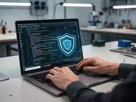 Hände tippen auf einer Laptoptastatur, der Bildschirm zeigt Open-Source-Softwarecode mit einem dezenten Symbol für digitale Privatsphäre. - Foto: über boerse-global.de
