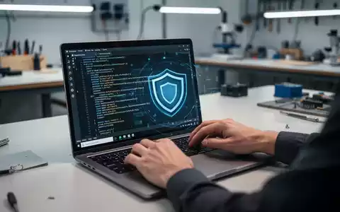 Hände tippen auf einer Laptoptastatur, der Bildschirm zeigt Open-Source-Softwarecode mit einem dezenten Symbol für digitale Privatsphäre. - Foto: über boerse-global.de