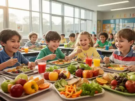 Kinder essen gesunde Mahlzeiten in einer modernen Schulkantine, mit frischem Obst und Gemüse auf ihren Tellern. - Foto: über boerse-global.de