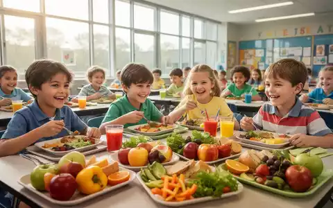 Kinder essen gesunde Mahlzeiten in einer modernen Schulkantine, mit frischem Obst und Gemüse auf ihren Tellern. - Foto: über boerse-global.de
