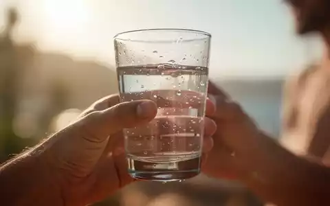 Eine Hand hält ein Glas Wasser vor einem verschwommenen, sonnigen Hintergrund, das Hydratation bei Hitze symbolisiert. - Foto: über boerse-global.de