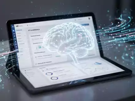 Ein stilisiertes, leuchtendes neuronales Netzwerk-Symbol auf einer Tablet-Oberfläche, umgeben von abstrakten Datenströmen, die HR-Software und KI symbolisieren. - Foto: über boerse-global.de