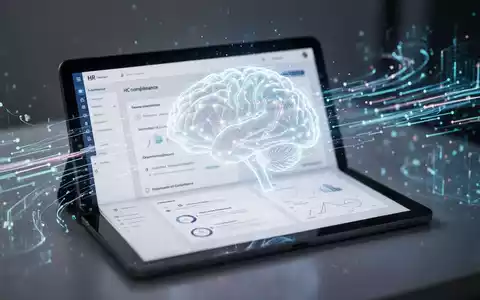 Ein stilisiertes, leuchtendes neuronales Netzwerk-Symbol auf einer Tablet-Oberfläche, umgeben von abstrakten Datenströmen, die HR-Software und KI symbolisieren. - Foto: über boerse-global.de