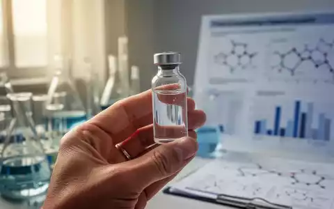 Nahaufnahme einer Hand, die ein kleines Glasfläschchen mit klarer Flüssigkeit hält, im Hintergrund verschwommene Laborgeräte. - Foto: über boerse-global.de