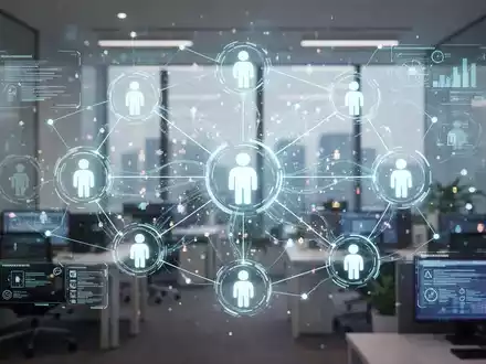 Digital network of glowing human icons representing talent management, connected by flowing data streams, set against a modern office backdrop. - Foto: über boerse-global.de