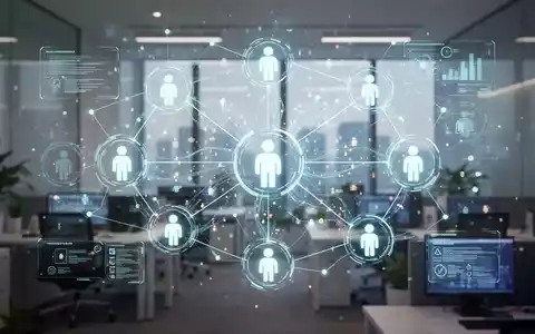 Digital network of glowing human icons representing talent management, connected by flowing data streams, set against a modern office backdrop. - Foto: über boerse-global.de