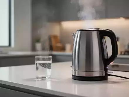 Ein moderner Wasserkocher steht auf einer minimalistischen Küchenarbeitsplatte, symbolisiert Energieeffizienz und Wassererhitzung im Haushalt. - Foto: über boerse-global.de