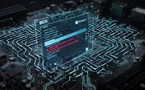 A computer motherboard with glowing circuits and a holographic BIOS menu, representing a system stuck in a boot loop. - Foto: über boerse-global.de
