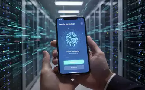 Eine Hand hält ein Smartphone, das eine digitale Identitätsprüfung mit biometrischem Scan zeigt, umgeben von Datenströmen. - Foto: über boerse-global.de