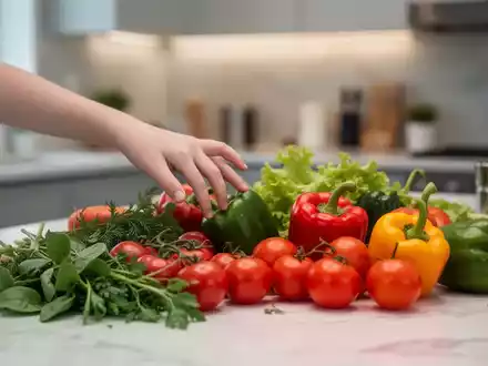 Eine junge Person greift nach frischem Gemüse auf einer Küchenarbeitsplatte, was gesunde Ernährung symbolisiert. - Foto: über boerse-global.de