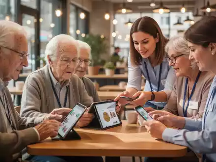 Ältere Menschen lernen in einem modernen Café den Umgang mit Tablets und Smartphones, unterstützt von jüngeren Mentoren. - Foto: über boerse-global.de