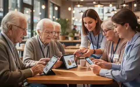 Ältere Menschen lernen in einem modernen Café den Umgang mit Tablets und Smartphones, unterstützt von jüngeren Mentoren. - Foto: über boerse-global.de