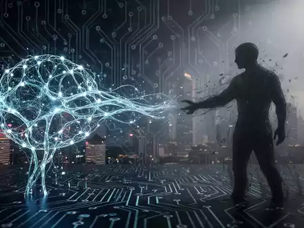Digital illustration showing data flowing from a glowing AI neural network toward a shadowy figure, with circuit board patterns. - Foto: über boerse-global.de