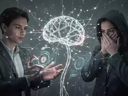 A stylized neural network connecting to human figures, representing AI's impact on data, privacy, and human interaction. - Foto: über boerse-global.de
