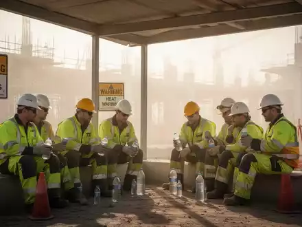 Bauarbeiter in Schutzkleidung machen in der Mittagshitze auf einer Baustelle Pause, im Hintergrund Hitzewarnschilder. - Foto: über boerse-global.de