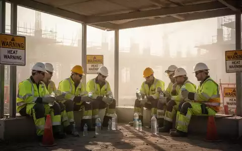 Bauarbeiter in Schutzkleidung machen in der Mittagshitze auf einer Baustelle Pause, im Hintergrund Hitzewarnschilder. - Foto: über boerse-global.de