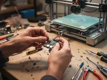 Close-up of hands repairing a small electronic device, with tools and a 3D printer in the background at a repair cafe. - Foto: über boerse-global.de