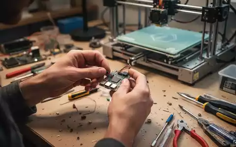 Close-up of hands repairing a small electronic device, with tools and a 3D printer in the background at a repair cafe. - Foto: über boerse-global.de