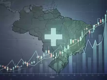 Eine stilisierte Karte Brasiliens mit einem medizinischen Kreuz und einem steigenden Börsenkurs, die Gesundheitsvertrieb und Wachstum symbolisieren. - Foto: über boerse-global.de