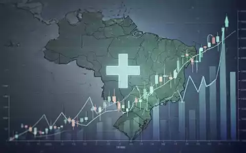 Eine stilisierte Karte Brasiliens mit einem medizinischen Kreuz und einem steigenden Börsenkurs, die Gesundheitsvertrieb und Wachstum symbolisieren. - Foto: über boerse-global.de
