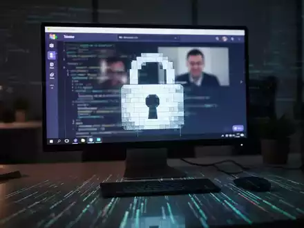 A glowing computer screen in a dark office showing a Microsoft Teams interface with a pixelated padlock icon, symbolizing a cyber threat. - Foto: über boerse-global.de