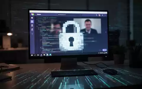 A glowing computer screen in a dark office showing a Microsoft Teams interface with a pixelated padlock icon, symbolizing a cyber threat. - Foto: über boerse-global.de