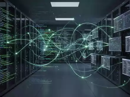 Digitale Darstellung von Datenflüssen zwischen Servern und Computern, symbolisiert Paketverwaltung und Systemaktualisierungen. - Foto: über boerse-global.de