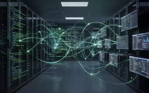Digitale Darstellung von Datenflüssen zwischen Servern und Computern, symbolisiert Paketverwaltung und Systemaktualisierungen. - Foto: über boerse-global.de