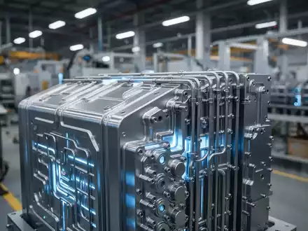 Nahaufnahme eines modernen Brennstoffzellenstapels mit metallischen Komponenten und blauem Licht, im Hintergrund eine verschwommene Fabrikhalle. - Foto: über boerse-global.de