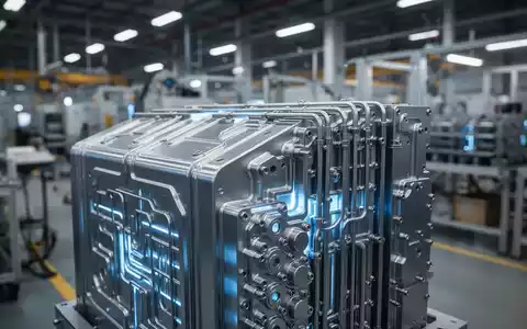 Nahaufnahme eines modernen Brennstoffzellenstapels mit metallischen Komponenten und blauem Licht, im Hintergrund eine verschwommene Fabrikhalle. - Foto: über boerse-global.de