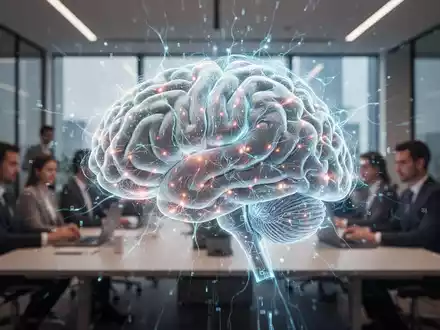 Ein stilisiertes Gehirn mit leuchtenden Neuronen über einer modernen Bürolandschaft, die kognitive Leistungssteigerung und KI-Integration darstellt. - Foto: über boerse-global.de