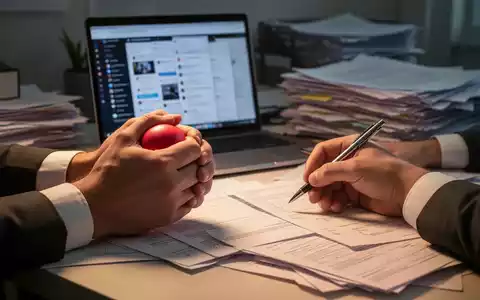 Hände halten einen Stressball und einen Stift über einem unordentlichen Schreibtisch mit Papieren und Laptop, der beruflichen Stress darstellt. - Foto: über boerse-global.de