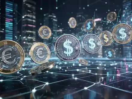 Digitale Euro- und Dollar-Symbole bewegen sich durch ein leuchtendes, vernetztes Finanznetzwerk, das globale Fintech und Regulierung symbolisiert. - Foto: über boerse-global.de