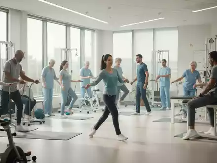 Menschen in einem Reha-Zentrum bei verschiedenen physiotherapeutischen Übungen, um sich von Langzeitfolgen einer Krankheit zu erholen. - Foto: über boerse-global.de