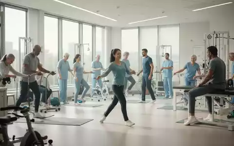 Menschen in einem Reha-Zentrum bei verschiedenen physiotherapeutischen Übungen, um sich von Langzeitfolgen einer Krankheit zu erholen. - Foto: über boerse-global.de