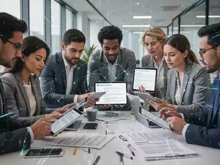 Eine vielfältige Gruppe internationaler Fachkräfte arbeitet in einem modernen Büro zusammen, umgeben von digitalen Bildschirmen und Dokumenten. - Foto: über boerse-global.de
