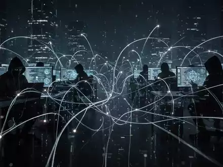 Dunkle, stilisierte digitale Landschaft mit leuchtenden Linien, die Datenflüsse und Netzwerkverbindungen darstellen und hochentwickelte Cyberangriffe symbolisieren. - Foto: über boerse-global.de