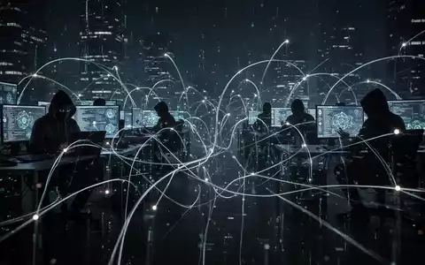 Dunkle, stilisierte digitale Landschaft mit leuchtenden Linien, die Datenflüsse und Netzwerkverbindungen darstellen und hochentwickelte Cyberangriffe symbolisieren. - Foto: über boerse-global.de