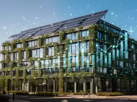 Ein modernes Bürogebäude mit grünen Fassaden und Solarpaneelen, umgeben von digitalen Datenvisualisierungen. - Foto: über boerse-global.de
