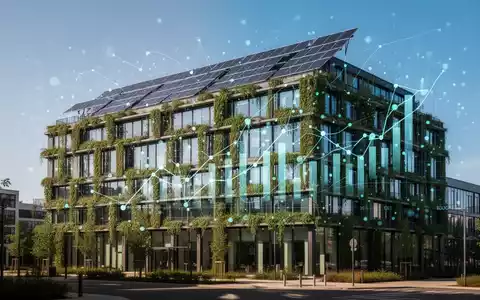 Ein modernes Bürogebäude mit grünen Fassaden und Solarpaneelen, umgeben von digitalen Datenvisualisierungen. - Foto: über boerse-global.de