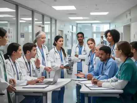Eine Gruppe von medizinischem Personal und Studierenden in einer modernen Universitätsumgebung, die sich in einer unterstützenden Diskussion befinden. - Foto: über boerse-global.de