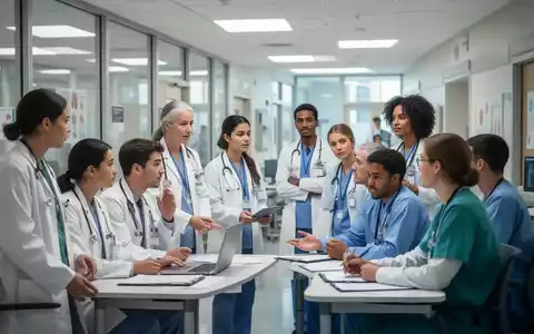 Eine Gruppe von medizinischem Personal und Studierenden in einer modernen Universitätsumgebung, die sich in einer unterstützenden Diskussion befinden. - Foto: über boerse-global.de