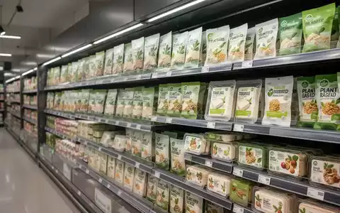 Ein gut gefülltes Supermarktregal mit einer Vielzahl von modern verpackten pflanzlichen Lebensmitteln, darunter Tofu und vegane Alternativen. - Foto: über boerse-global.de