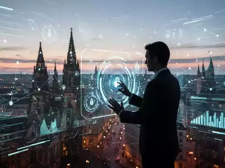 Futuristische digitale Schnittstelle mit Datenströmen über deutscher Stadtsilhouette in der Dämmerung, symbolisiert digitale Befähigung und Beratung. - Foto: über boerse-global.de